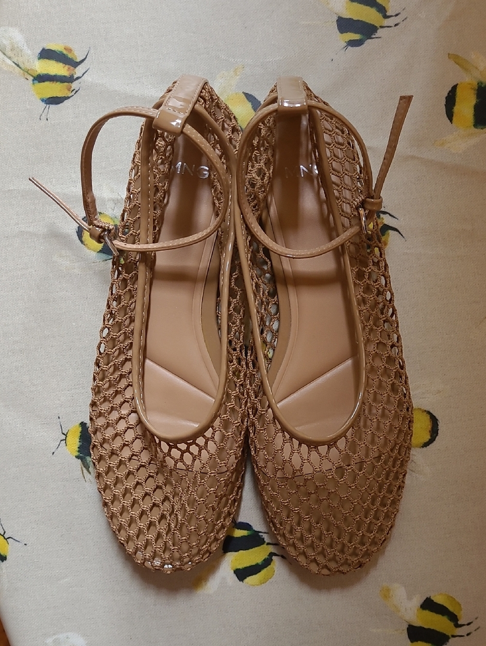 Mango Tan Fishnet Ballet Flats with Ankle Strap, 38/7.5 - Picture 2 of 8